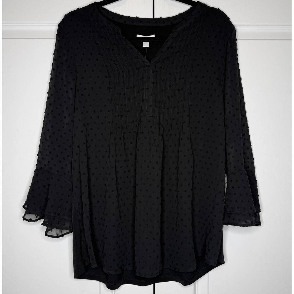 Charter Club Shirt Womens Large Black Pintuck Swiss Dot Tunic 3/4 Bell Sleeve